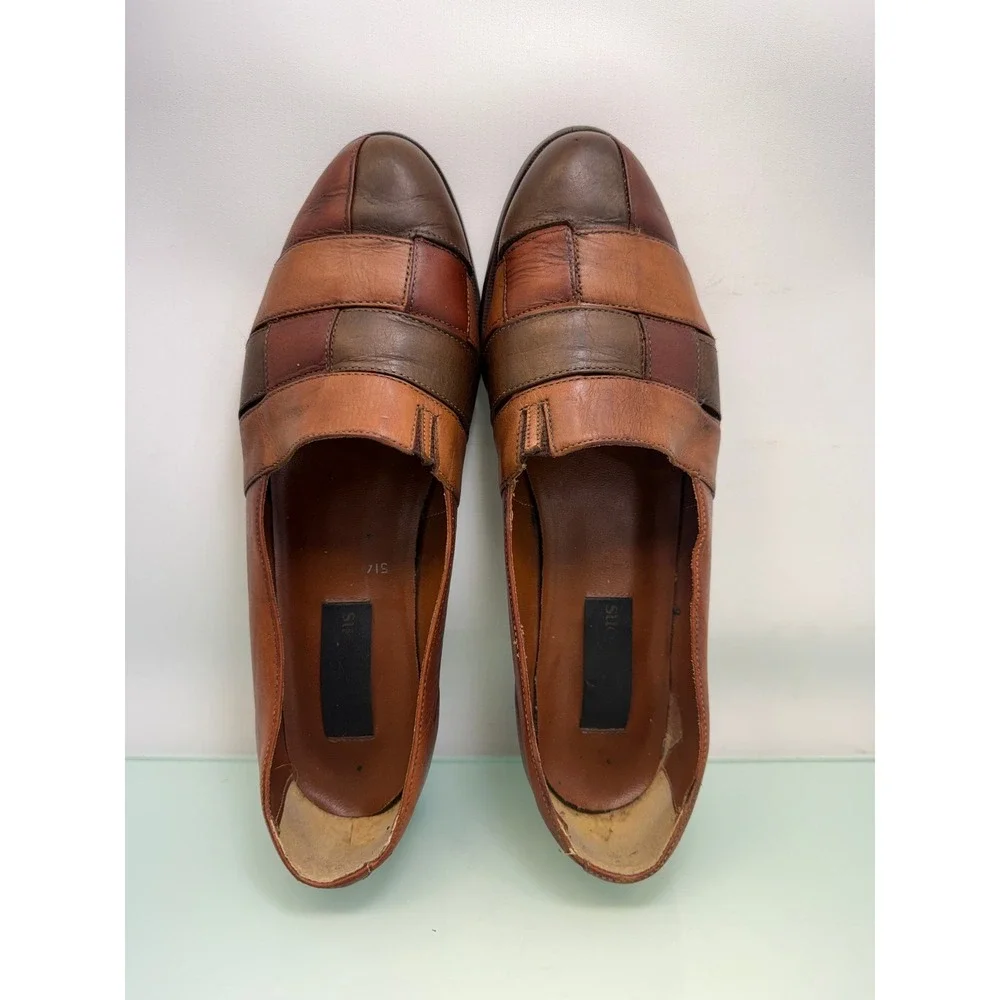 Vintage Colorblock Leather Loafers Women 9.5 Brown Patchwork 90s Retro Eclectic‎